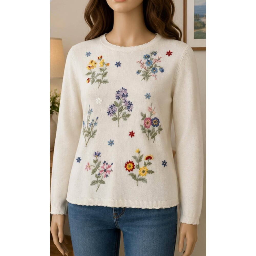 Salon Studio by Haband Floral Embroidered Ramie Cotton Sweater Women’s Large VTG